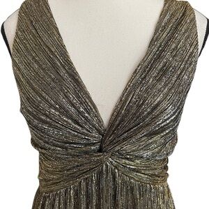 Gold Gown Backless plunge, Bow Tie Back Zip Dress Metallic Gold Silver Stripes